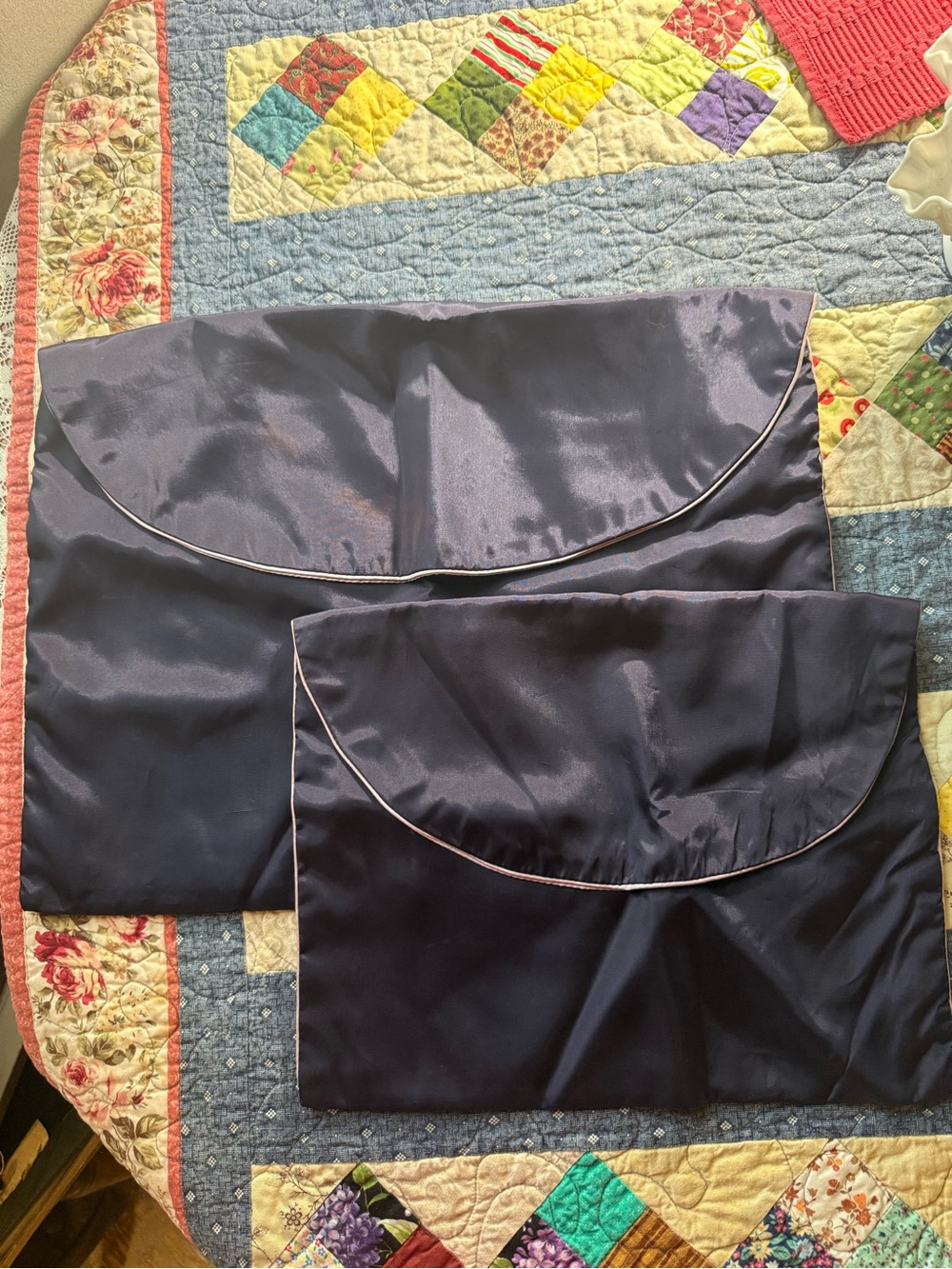 Vintage Satin Lingerie Travel Bags Set of 2 Navy Blue Lilac Garment Storage